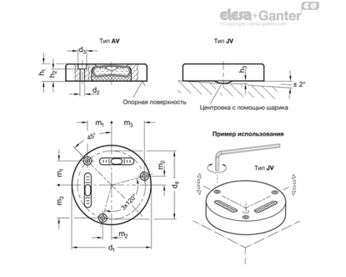 Двухосевой уровень GN 2276-ALN-62-G-6-JV ELESA+GANTER