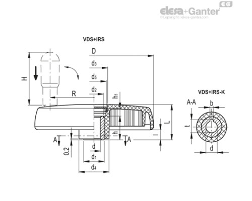 Маховичок цельнолитый VDS.150+IRS-A16 (72772-R) ELESA+GANTER