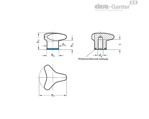 Трёхлепестковая ручка GN 5445-40-M8-PL-H ELESA+GANTER