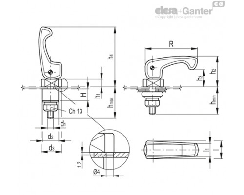 Шарнирная ручка LAC-FL.55-O-SST (34103) ELESA+GANTER