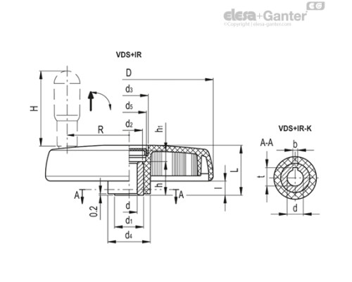 Маховичок цельнолитый VDS.150+IR-A14 (72761-R) ELESA+GANTER