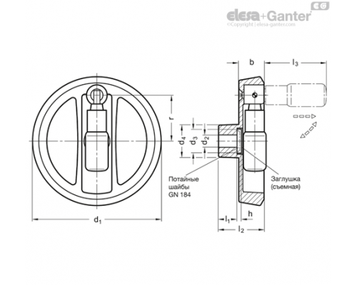 Маховик с откидной ручкой GN 924.3-160-K16-R-SR ELESA+GANTER