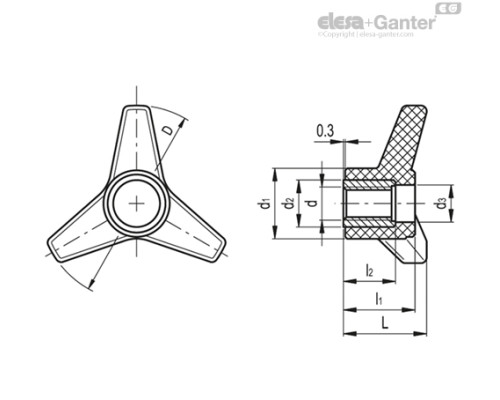 Трёхлепестковая ручка VB.639/80-FP-SST-M10 (65686) ELESA+GANTER