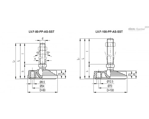 Регулируемая опора LV.F-80-PP-24-AS-SST-M24x98 (393825) ELESA+GANTER
