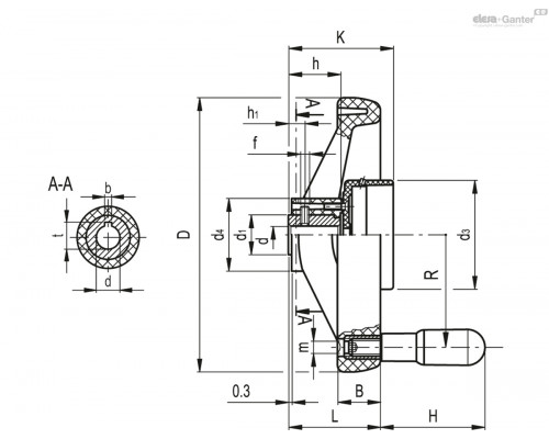 Маховик VRTP.200-GXX2 A-16+I-K (CE.33221-R-K) ELESA+GANTER