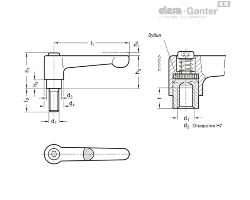 Плоская регулируемая ручка рычажного типа GN 302-22-M3-12-SW ELESA+GANTER