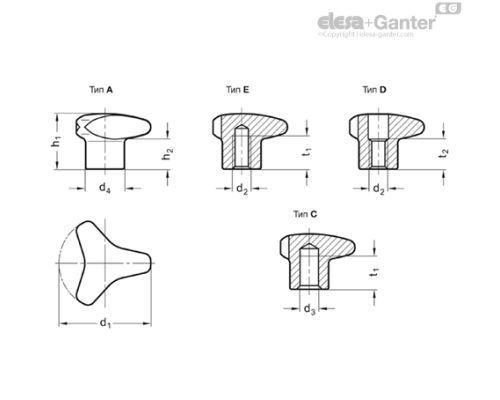 Трёхлепестковая ручка GN 5345.4-40-M8-E ELESA+GANTER