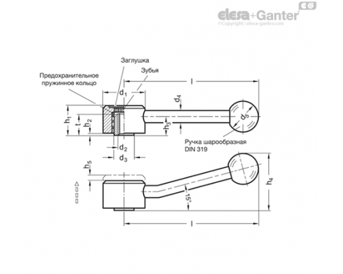 Плоская ручка рычажного типа GN 125-36-M10-D ELESA+GANTER