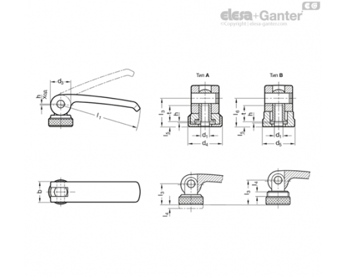 Плоская ручка рычажного типа GN 927.7-44-M4-A ELESA+GANTER
