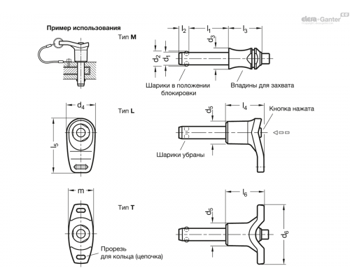 Штифт с шариковыми фиксаторами GN 113.30-6-10-T ELESA+GANTER