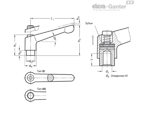 Регулируемая ручка рычажного типа GN 300.6-78-B8-AS ELESA+GANTER