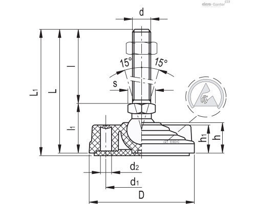 Регулируемая опора LV.F-100-14-AS-SST-M8x68-ESD-C (335453-ESD) ELESA+GANTER