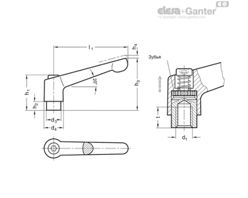 Регулируемая ручка рычажного типа GN 300.2-63-M6-RH ELESA+GANTER Регулируемая ручка рычажного типа GN 300.2-63-M6-RH ELESA+GANTER